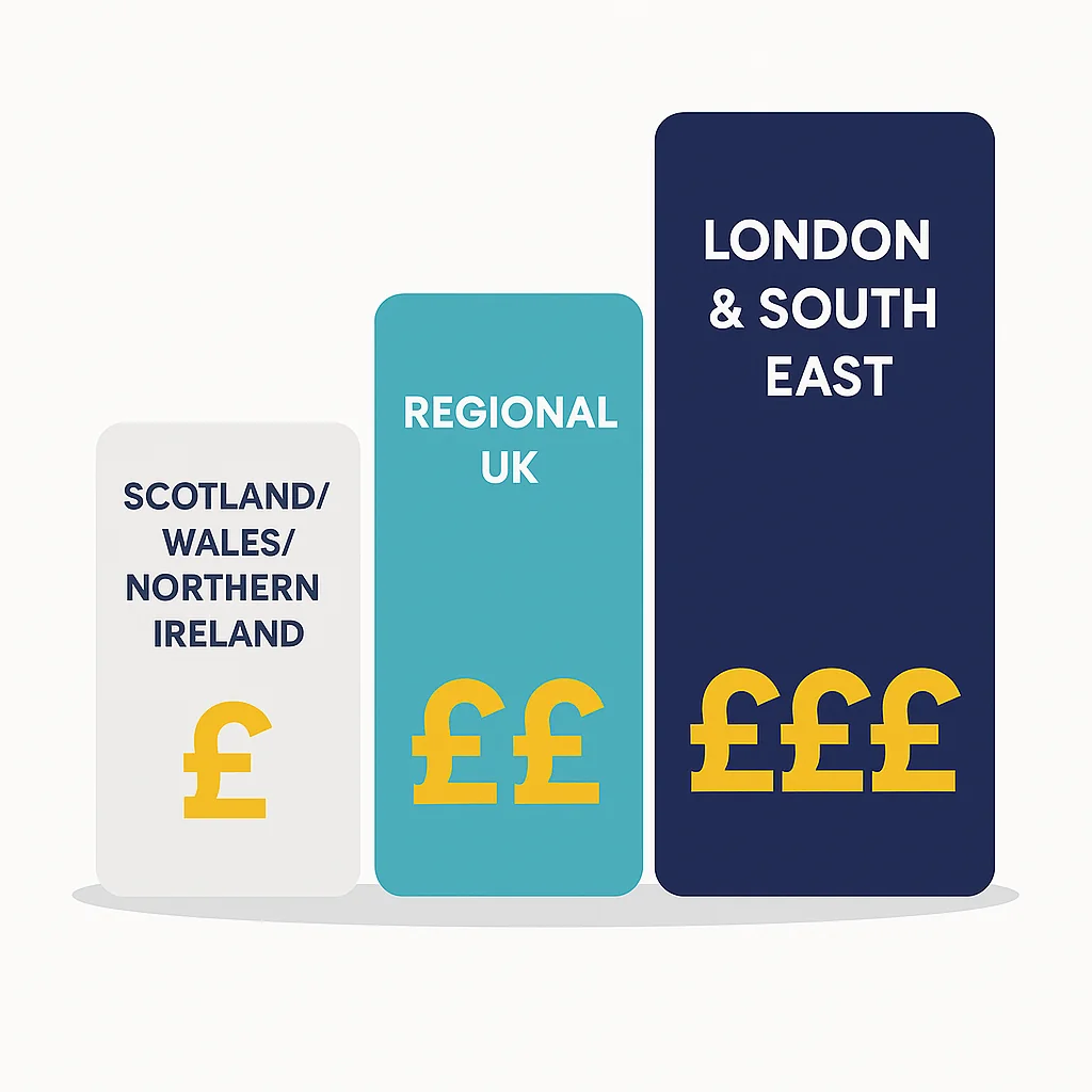 Three therapy cost comparison cards showing Scotland/Wales, Regional UK, and London & South East using pound symbol ratings