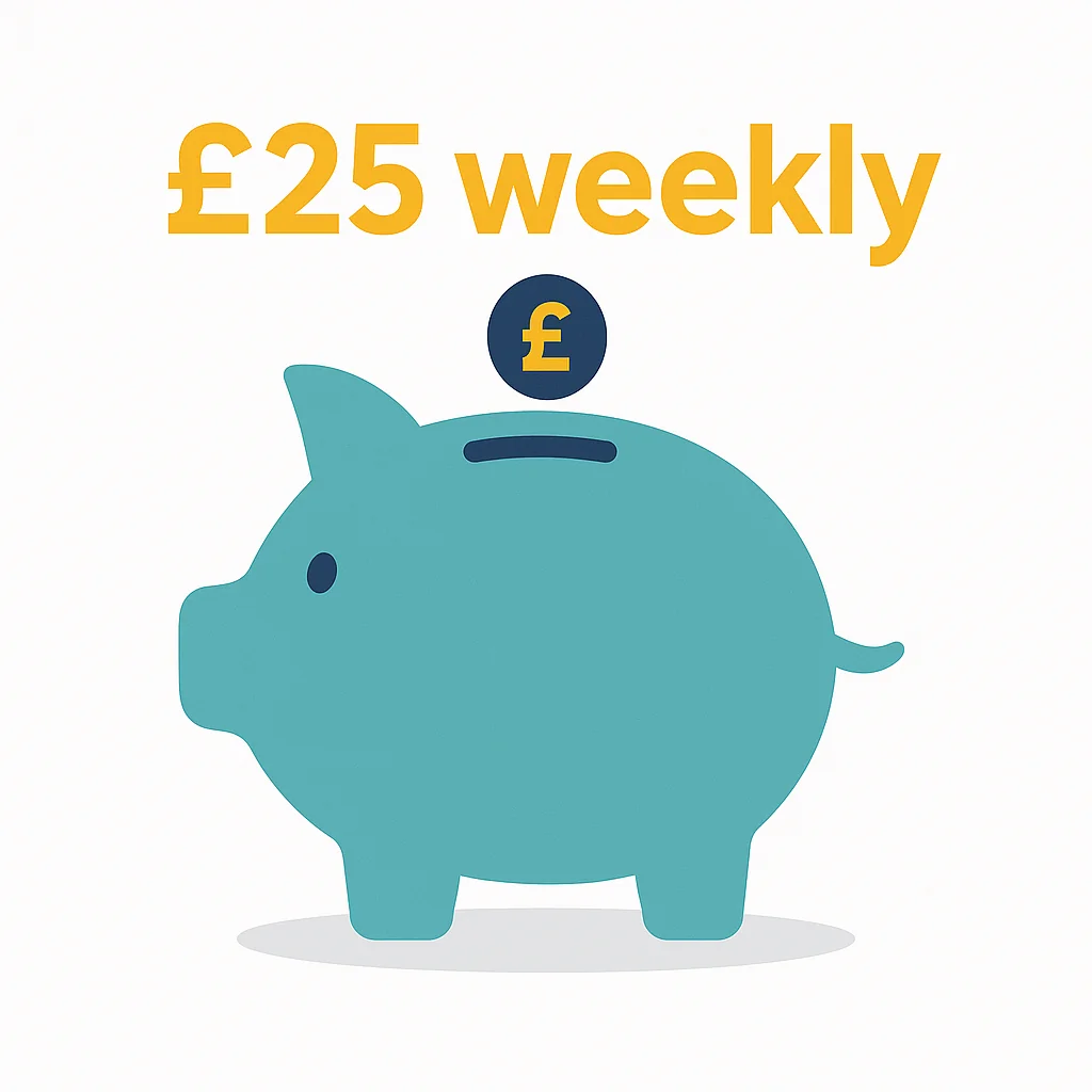 Clean piggy bank with single weekly savings label showing therapy fund concept