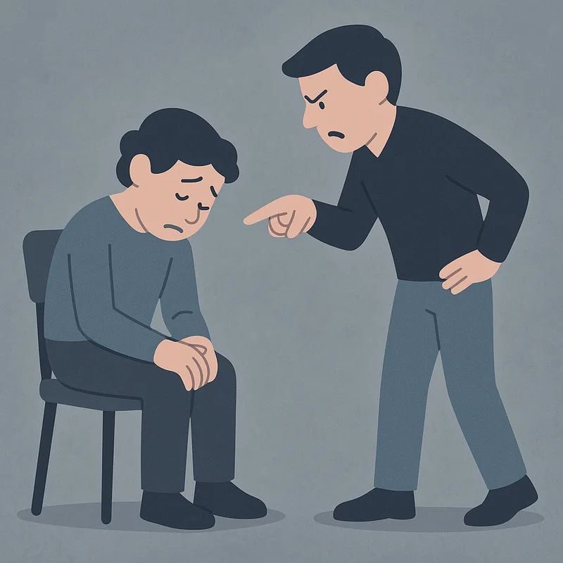 A person sits with their head in their hands, looking distressed and confused. Another person stands over them, talking down to them with a critical expression. The image is in a simple, clipart style with a limited colour palette of blues and greys to convey a sense of sadness and oppression.