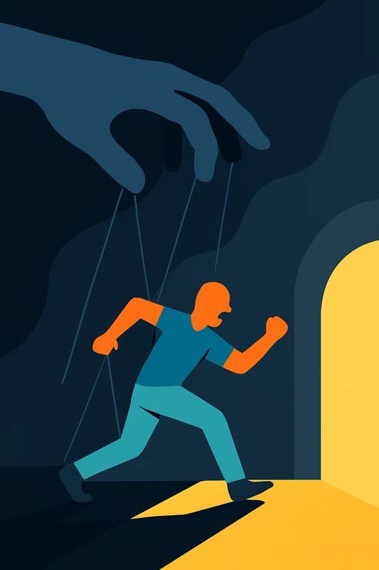 An abstract illustration showing a large, shadowy hand with strings attached to a smaller, brighter figure. The smaller figure is trying to move forward, but is held back by the strings. The colours are dark and oppressive, with a single ray of light shining on the smaller figure.