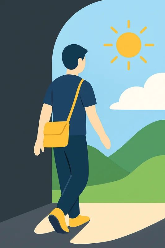 A person is shown from behind, taking a step out of a dark, shadowy space into a bright, colourful, and hopeful landscape. The image represents the journey of healing and moving on from abuse.