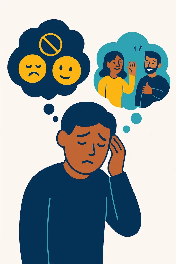 Person with thought bubbles showing worried expressions and positive social interactions being filtered out