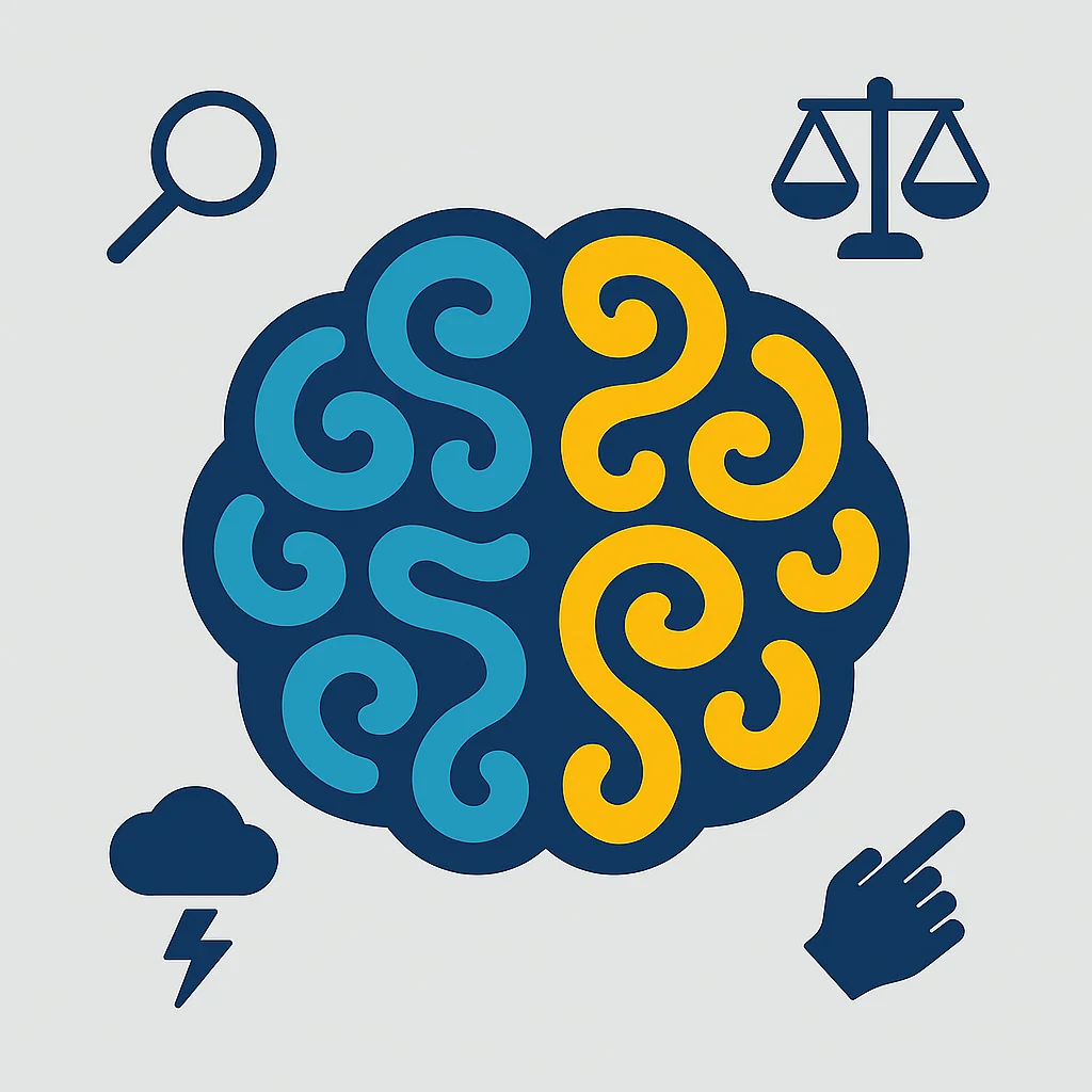 Brain illustration with different sections showing various thought patterns and distortions as swirling patterns