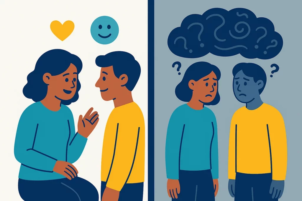 Split-screen showing clear vs clouded perception of the same social interaction
