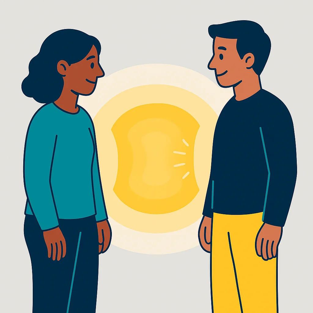 Two figures maintaining healthy distance with positive energy between them, showing balanced relationship