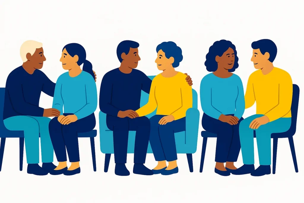 Diverse couples with age differences in supportive conversations representing healthy relationship dynamics