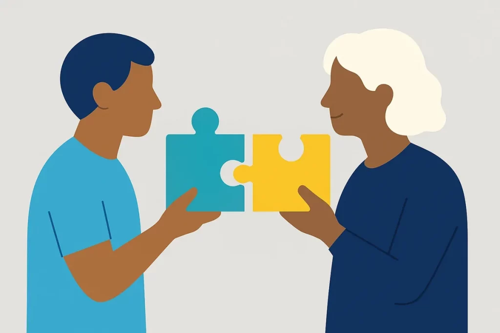 Vector illustration showing complementary life stages with puzzle pieces fitting together representing compatibility