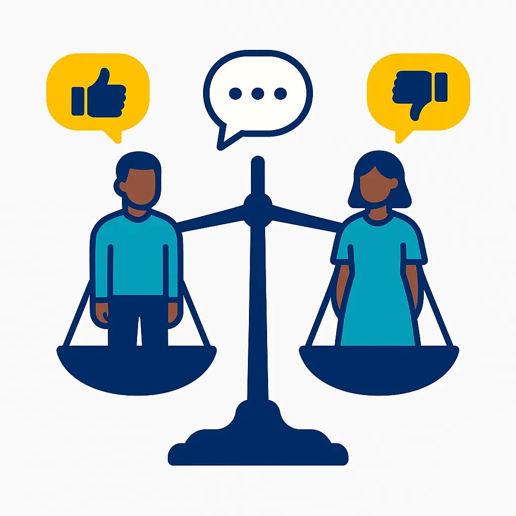 Vector illustration of social perceptions with balanced scales showing gender double standards in age gap acceptance
