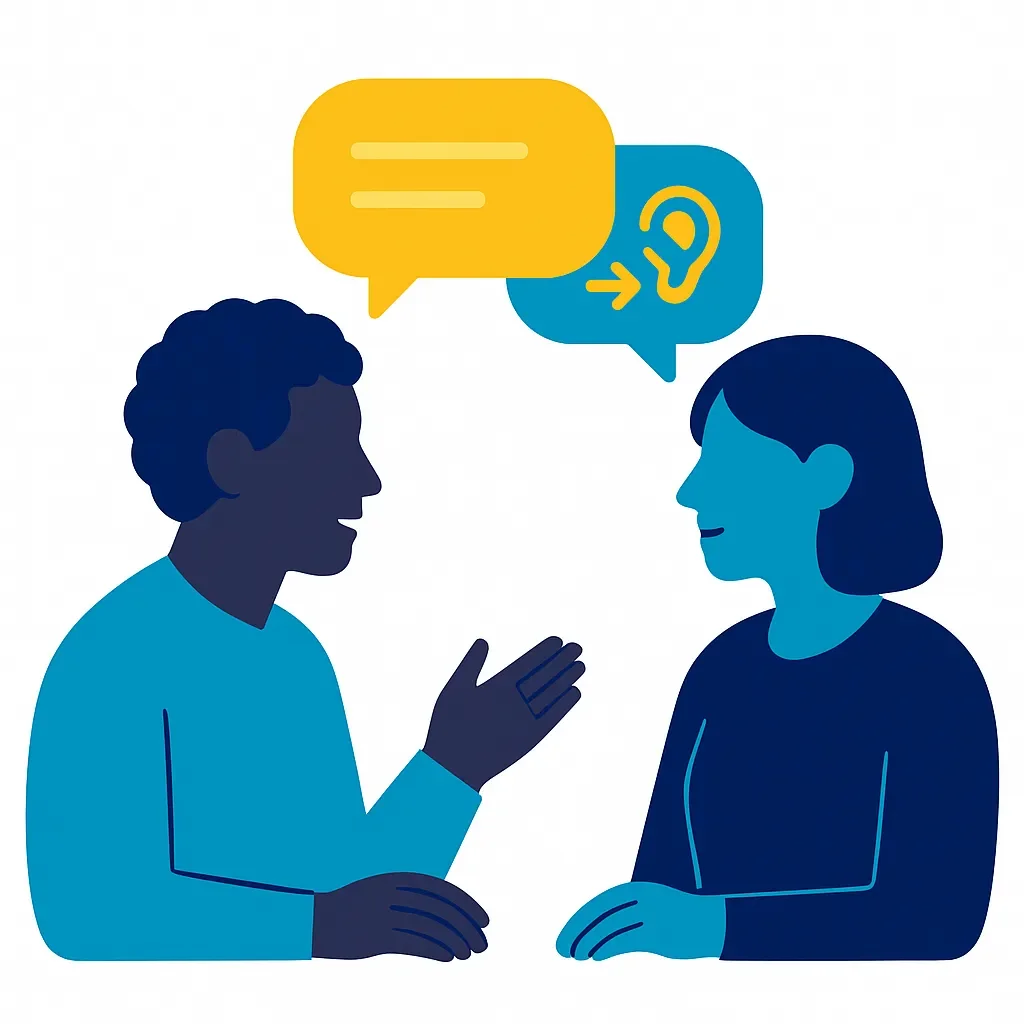 Vector illustration of two people in conversation with speech bubbles and understanding symbols representing healthy communication