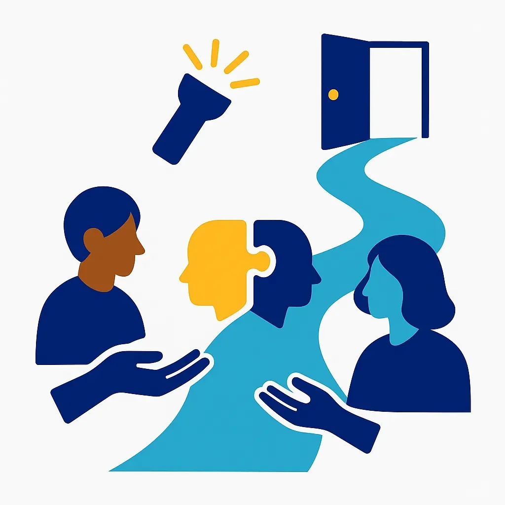 Vector illustration showing a pathway forward with supportive elements representing professional help and hope