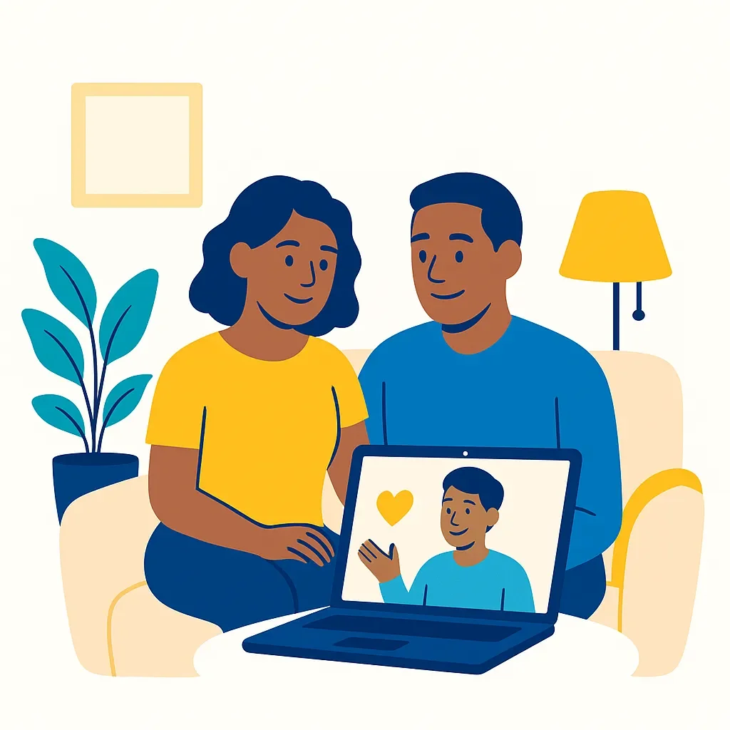 Couple having virtual therapy session from their home, looking hopeful and engaged on laptop screen