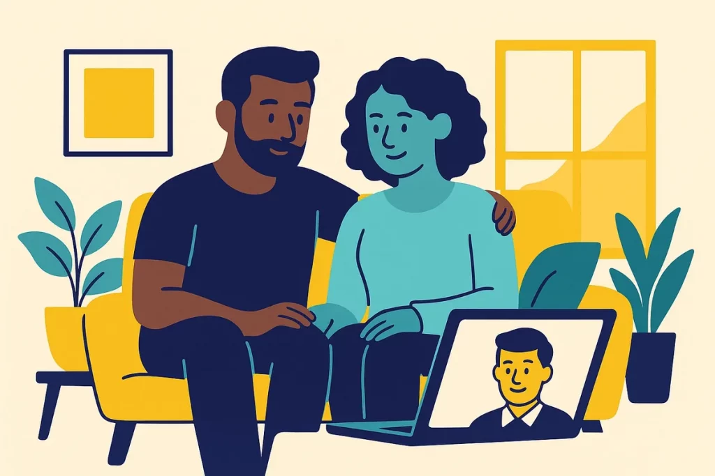 Diverse couple relaxing comfortably at home during online therapy session, showing comfort and privacy