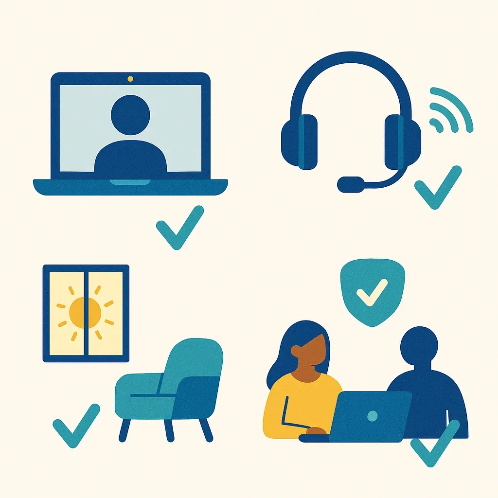 Clean technology setup checklist showing laptop, headphones, good lighting, and private space elements