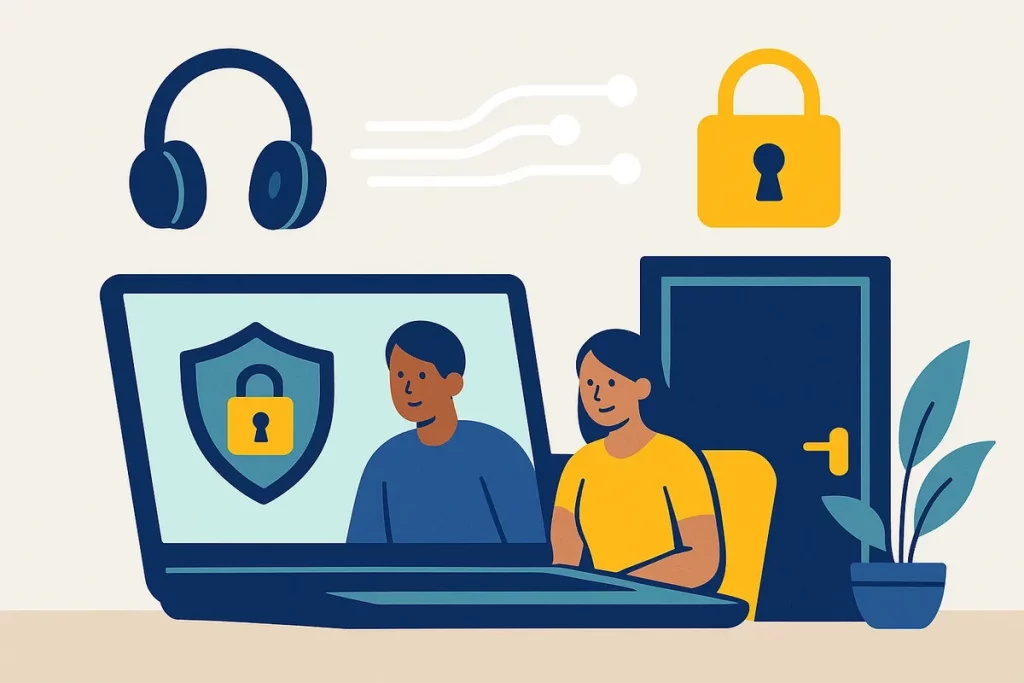Digital security concept showing encrypted connection and private home environment for therapy
