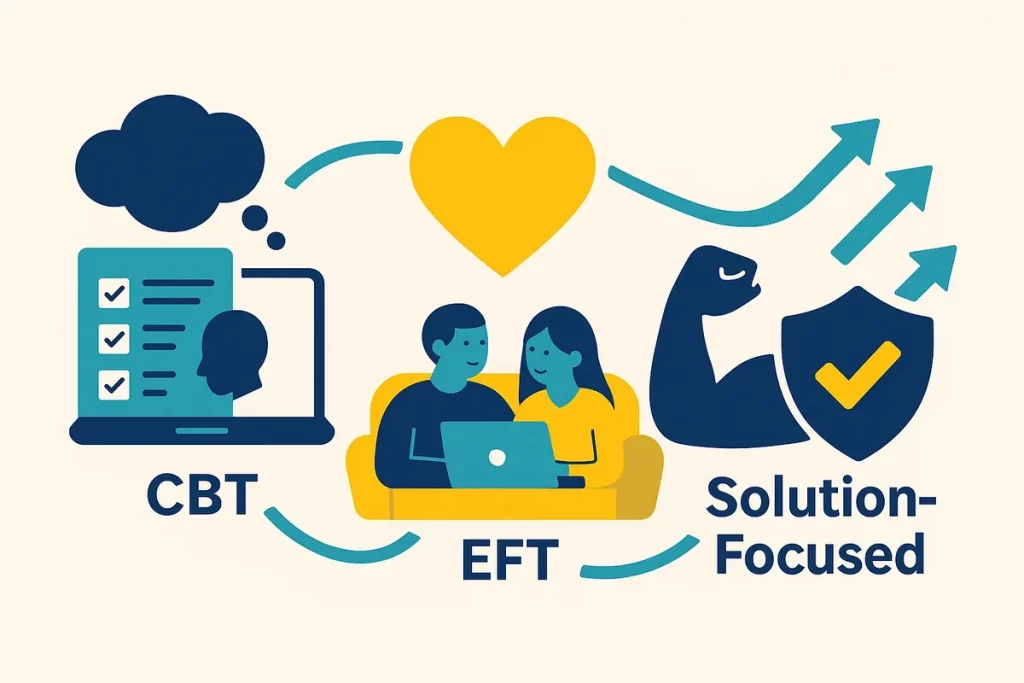 Three therapy approaches represented through supportive visual metaphors showing growth and connection