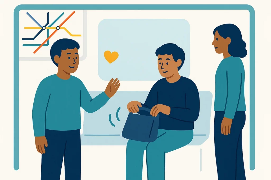 British person maintaining respectful personal space in public transport setting