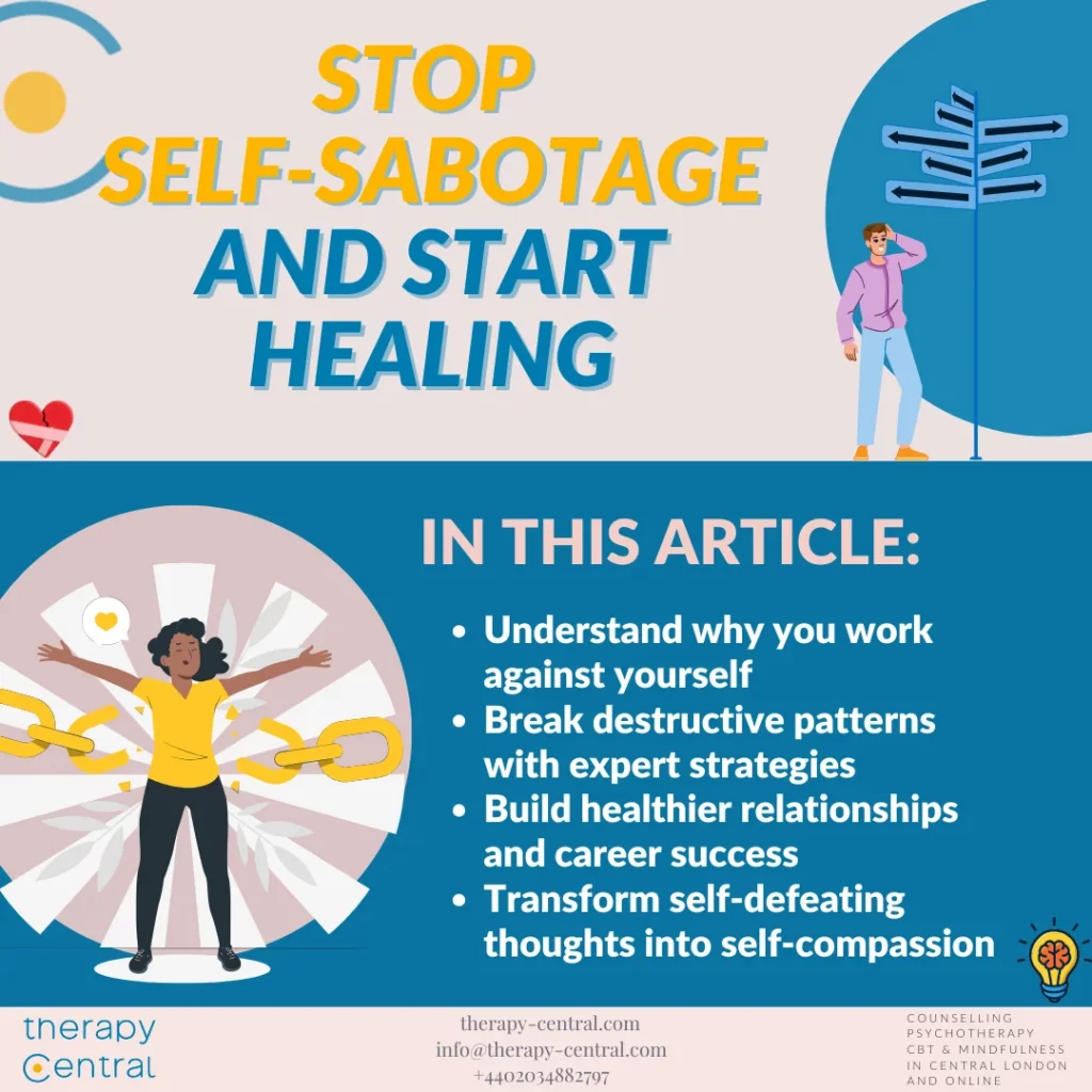 Self-sabotage concept illustration showing internal conflict with path to growth and healing