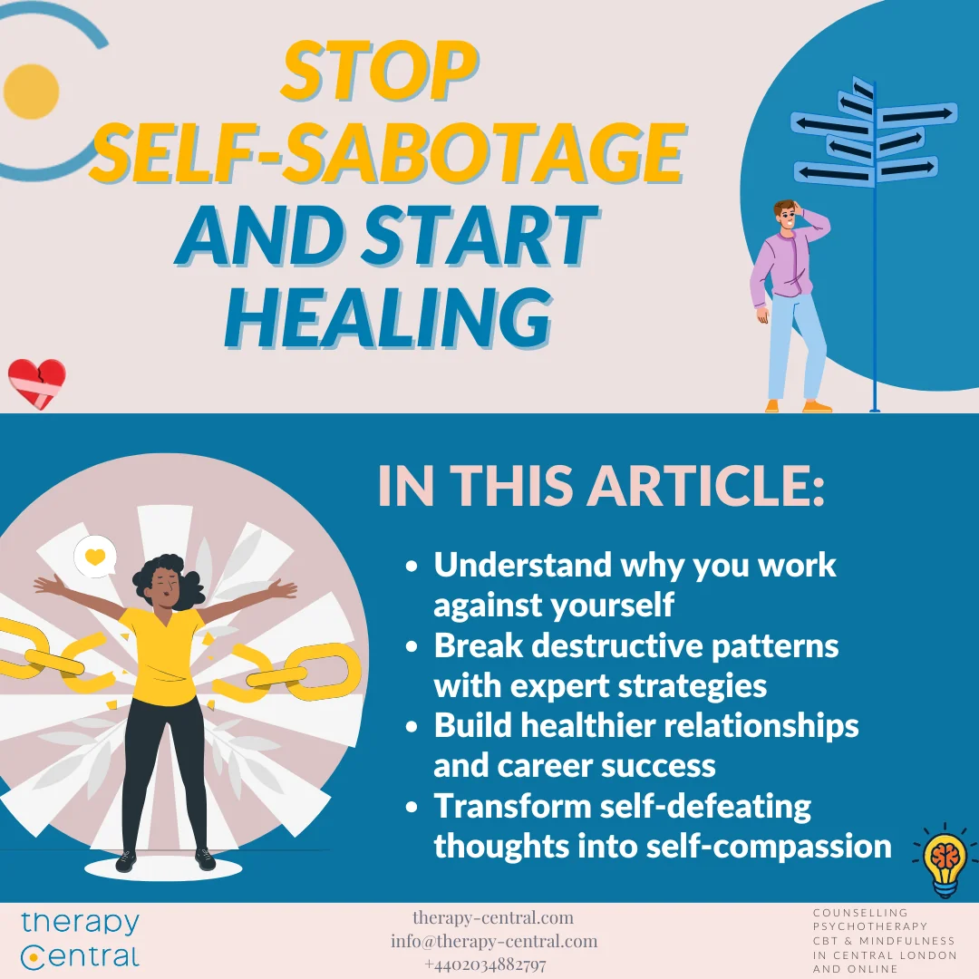 Self-sabotage concept illustration showing internal conflict with path to growth and healing