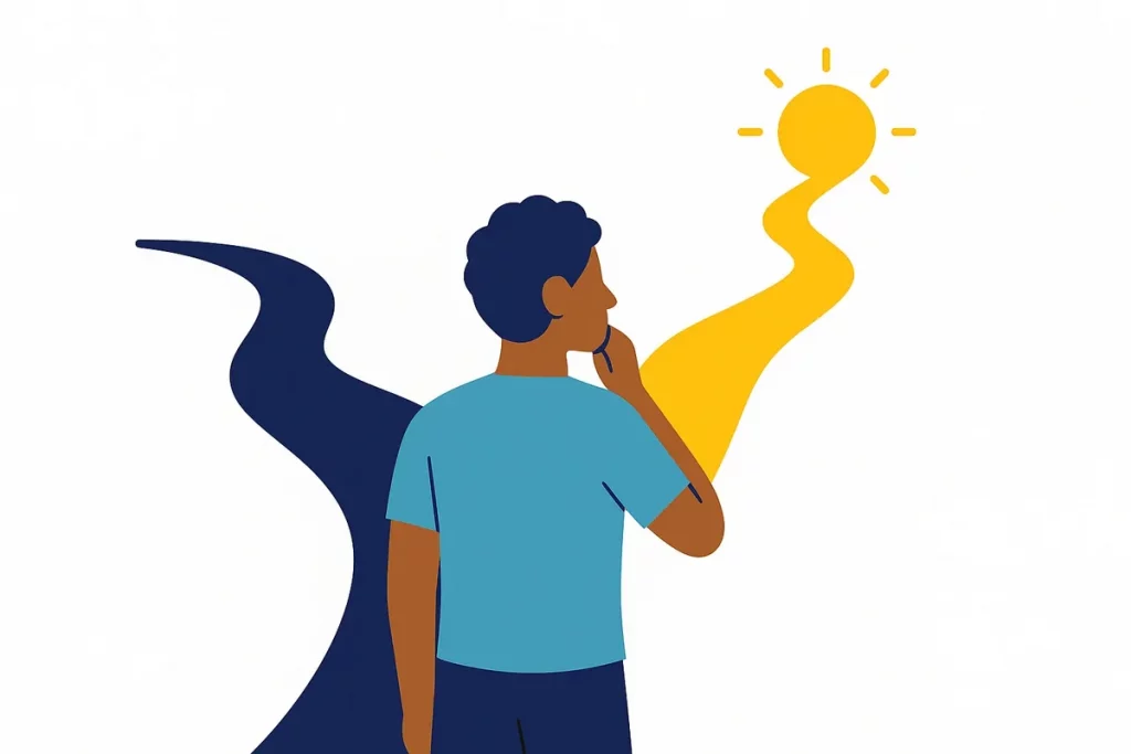 Person looking at two paths diverging, representing internal conflict and self-sabotage choices