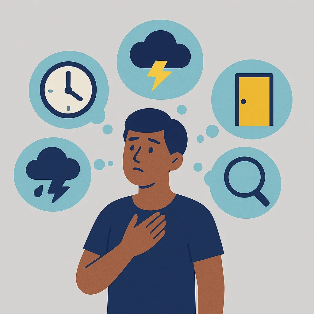 Multiple thought bubbles showing different self-sabotaging behaviours around a central figure