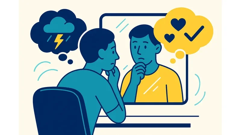 Person examining reflection with contrasting thought bubbles showing negative versus positive self-perception