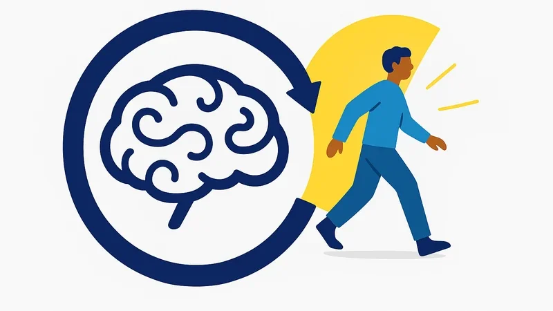 Figure breaking free from circular rumination pattern into bright open recovery space