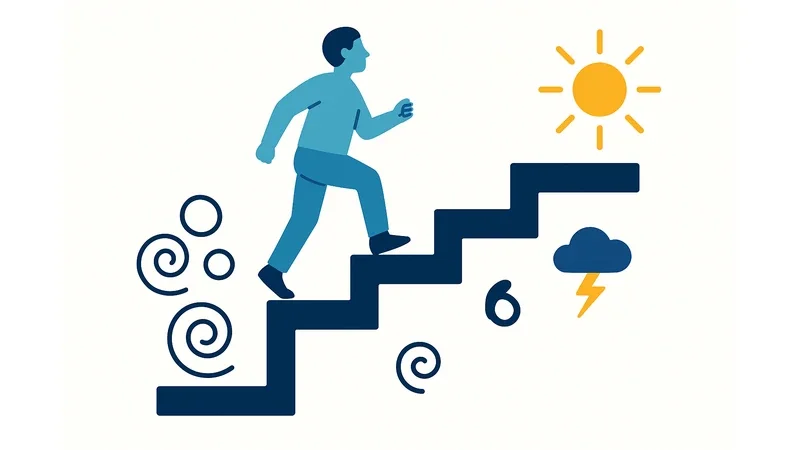 Figure climbing therapy progress staircase with growing confidence and diminishing rumination patterns