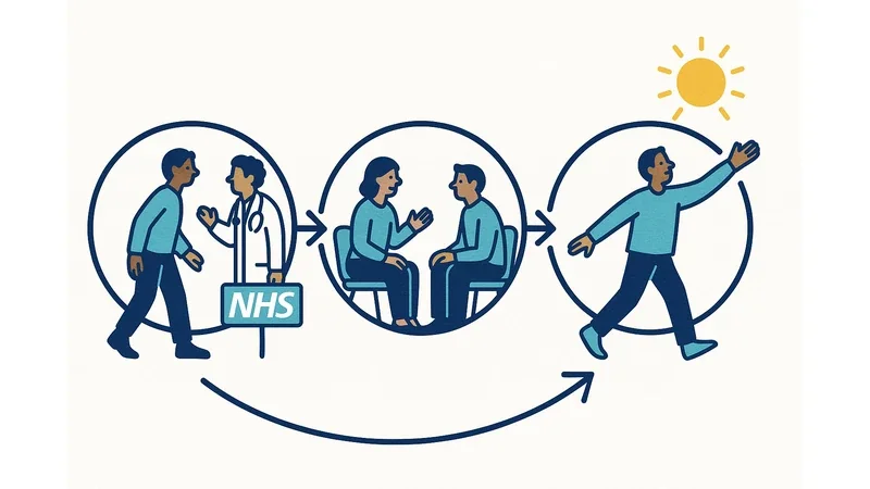 UK NHS treatment pathway showing progression from GP visit through therapy to OCD recovery