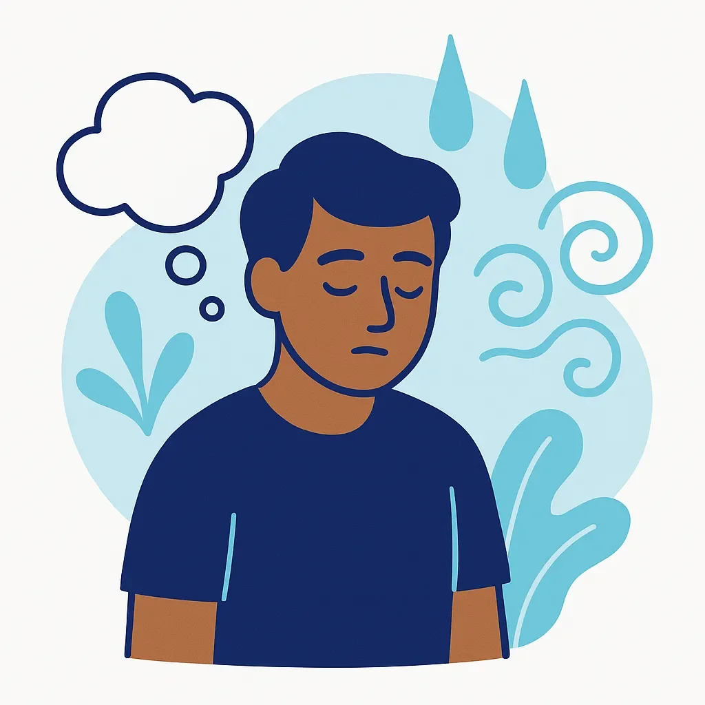 Stylised illustration showing a person with a gentle, contemplative expression surrounded by symbolic elements representing depression's effects