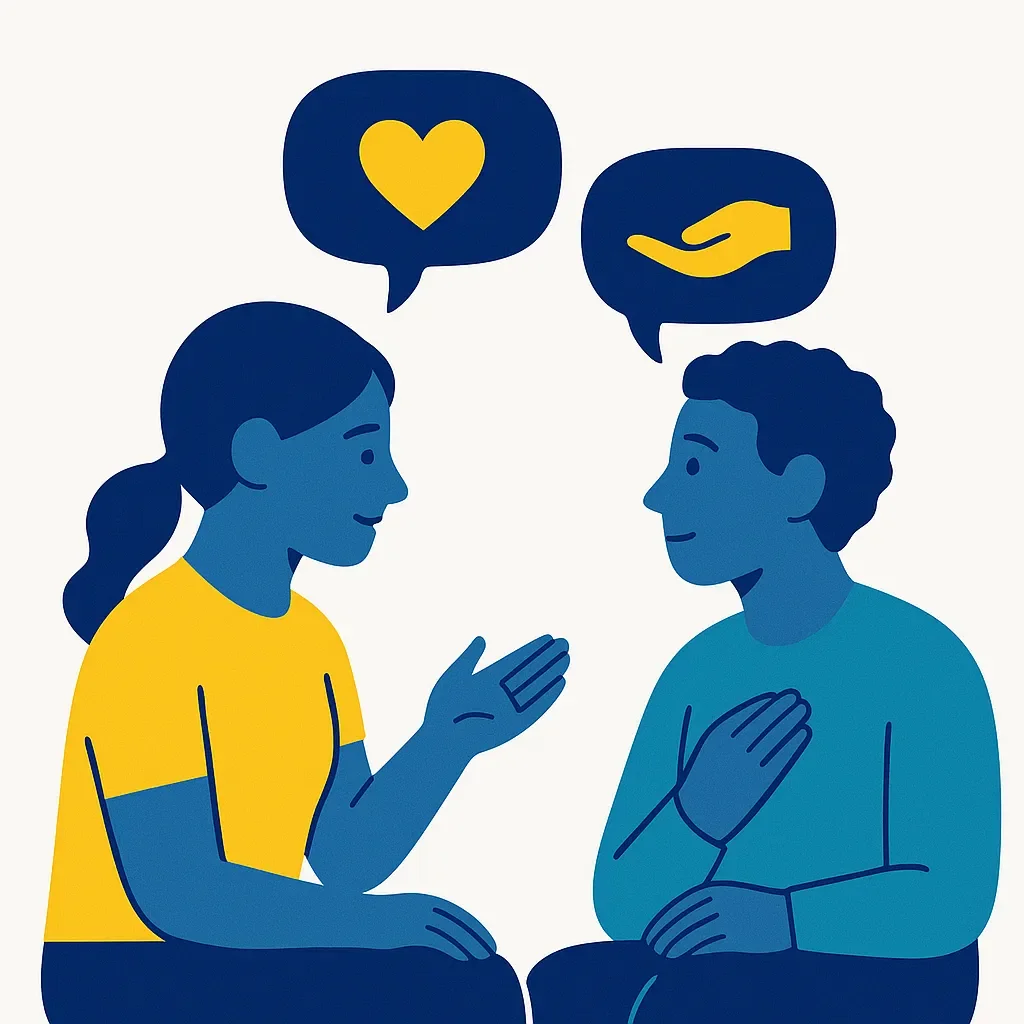 Two people engaged in caring conversation, showing active listening and emotional connection