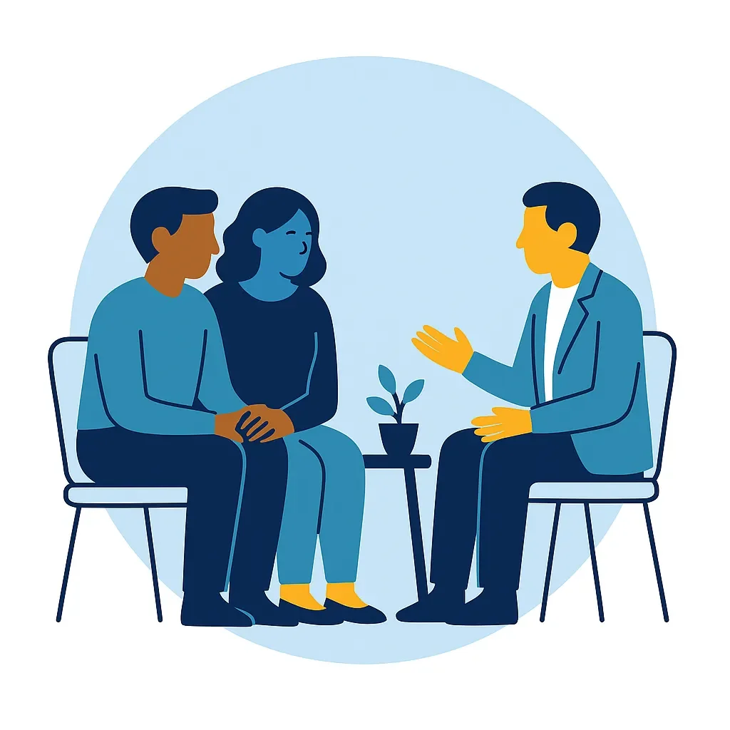 A couple sitting together with a professional counsellor in a supportive therapy setting
