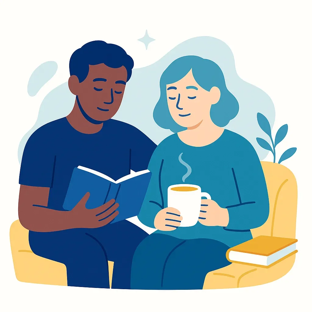Two people enjoying gentle, low-energy activities together like reading or sharing a quiet moment
