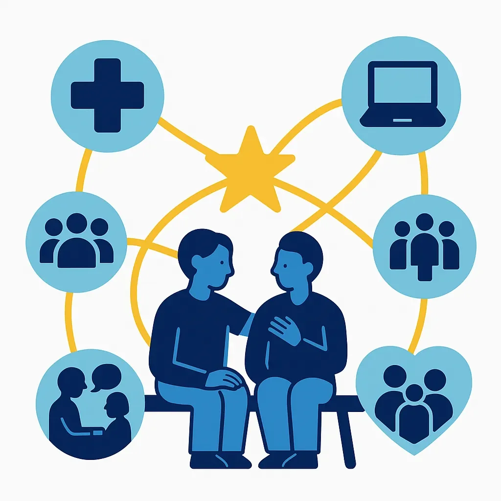 Network diagram showing various support resources and professional services available for couples dealing with depression