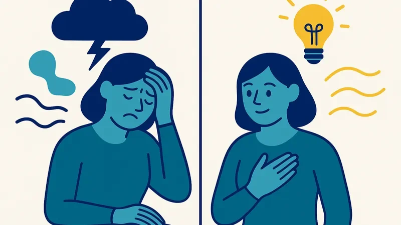 Split screen showing stressed parent with storm cloud transforming to calm parent with yellow clarity glow