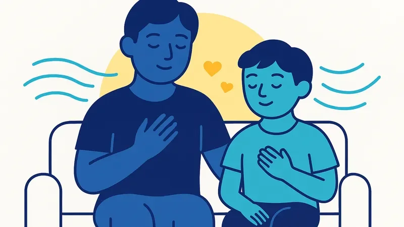 Parent and child sitting peacefully together with breathing waves and yellow mindfulness glow around them