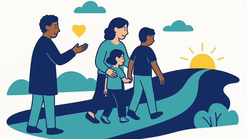 Family walking on pathway toward bright horizon with therapist figure offering supportive guidance