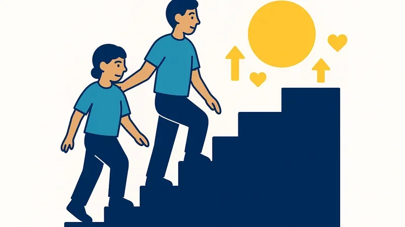 Parent and child figures ascending staircase together with growing yellow light representing relationship improvement