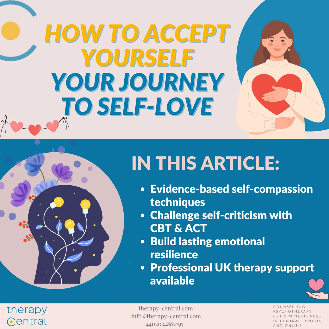 Warm illustration showing person in self-acceptance journey with organic growth shapes representing self-love