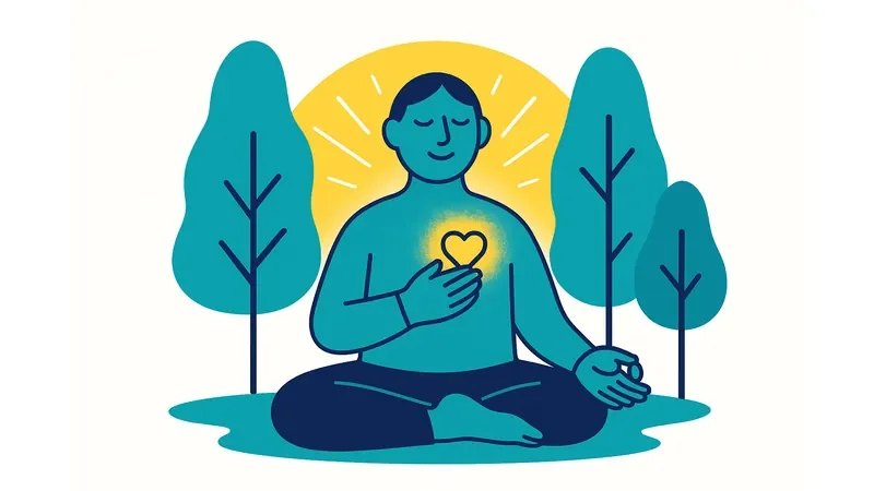 How To Accept Yourself Self Love Guide Image 04 Person in peaceful meditation with hand on heart surrounded by trees and warm yellow light representing self-compassion practice