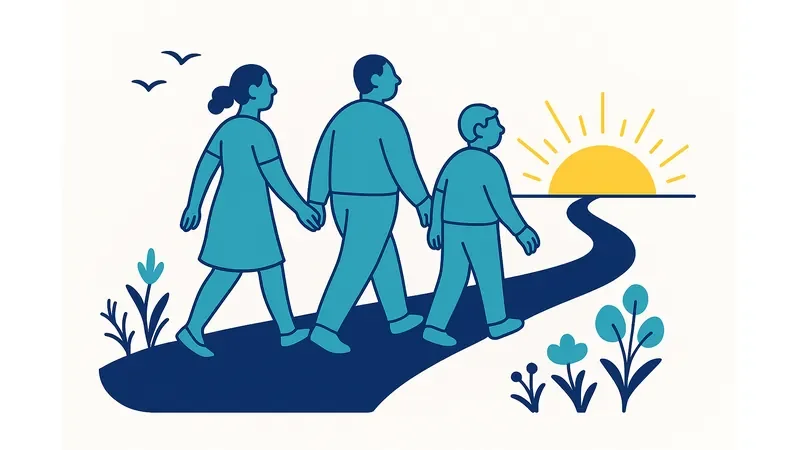 How To Accept Yourself Self Love Guide Image 08 Diverse group walking along winding path toward warm yellow horizon representing ongoing self-acceptance journey