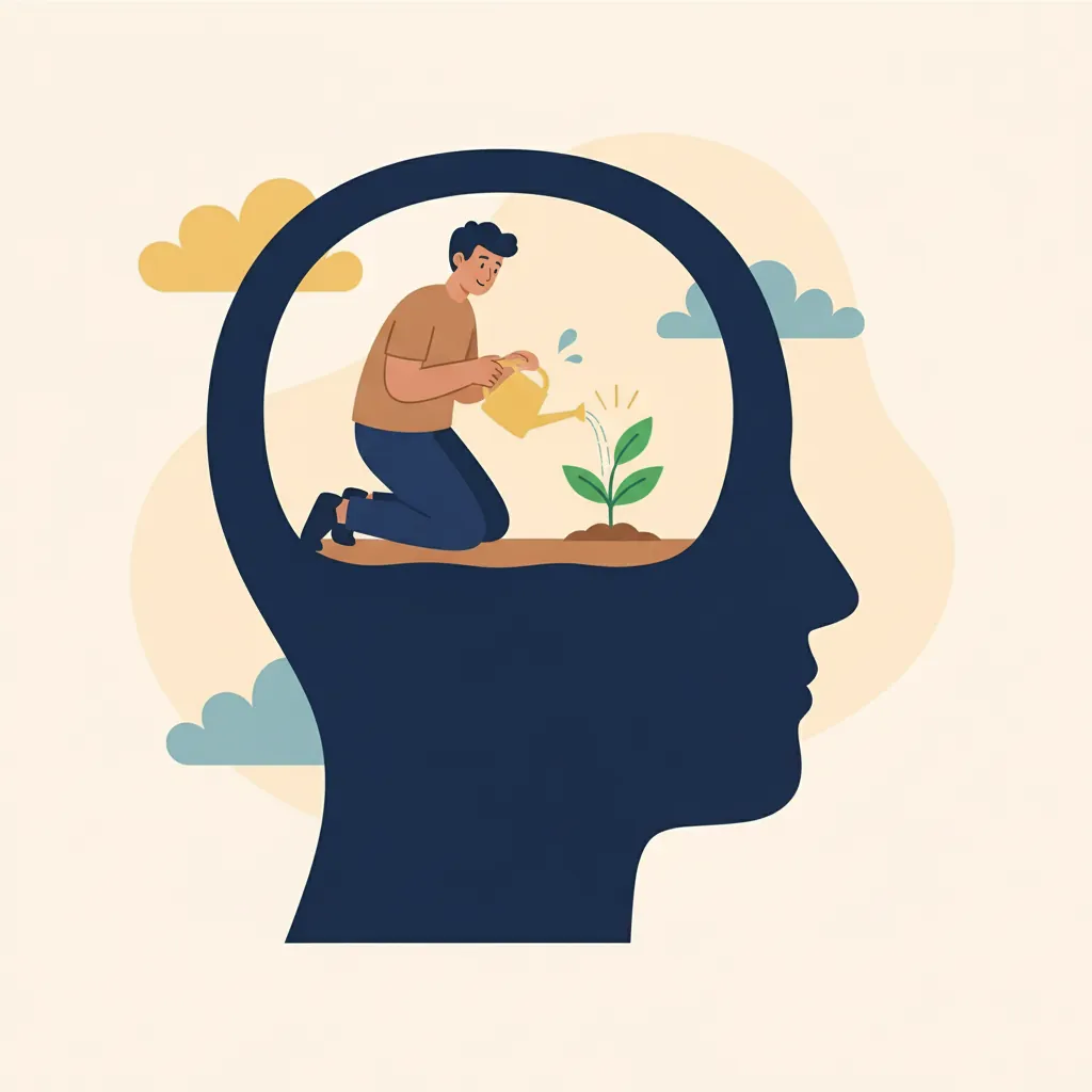 Person watering a small plant inside head silhouette symbolizing nurturing self-worth and personal growth