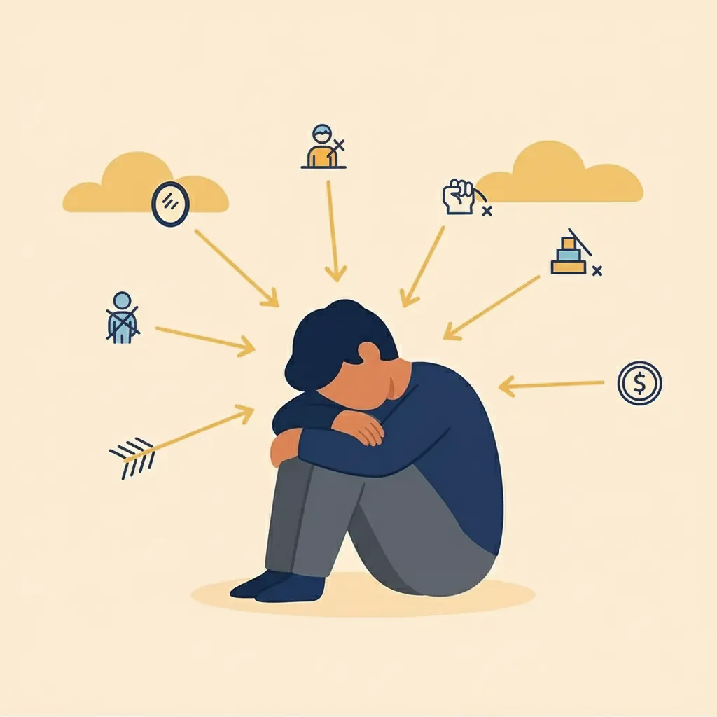Solitary figure with slumped posture surrounded by arrows representing various causes of low self-esteem