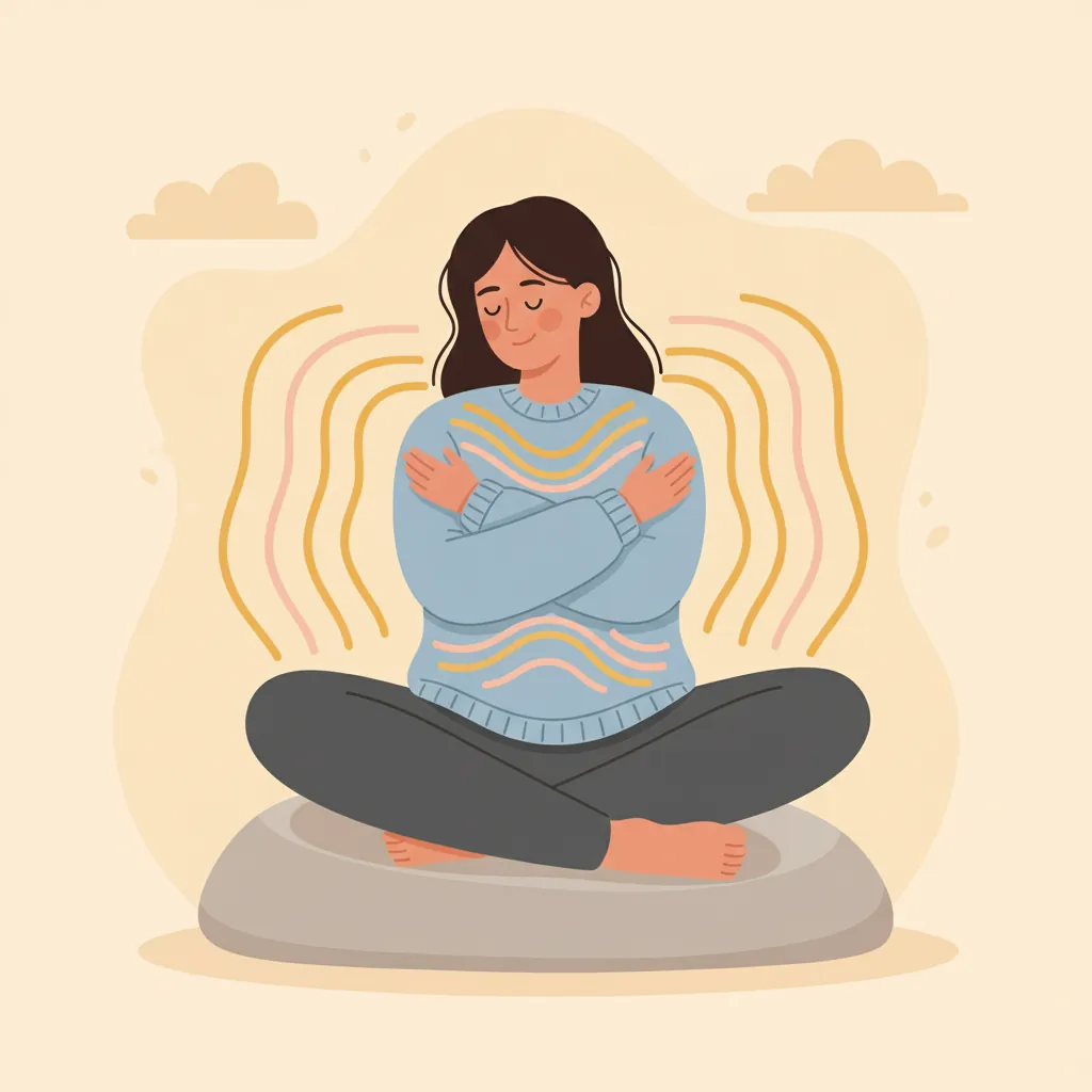 Figure gently embracing themselves with warm energy radiating outward symbolizing self-compassion