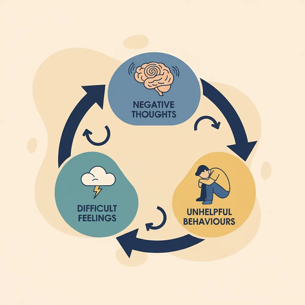 Circular diagram showing how negative thoughts, feelings, and behaviours reinforce each other in a cycle
