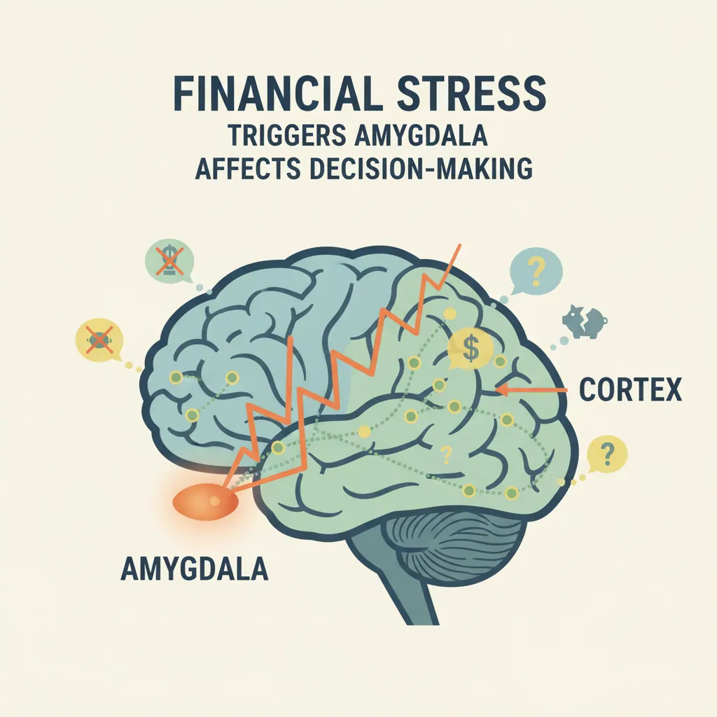 Brain illustration showing how financial stress triggers the amygdala and affects decision-making pathways