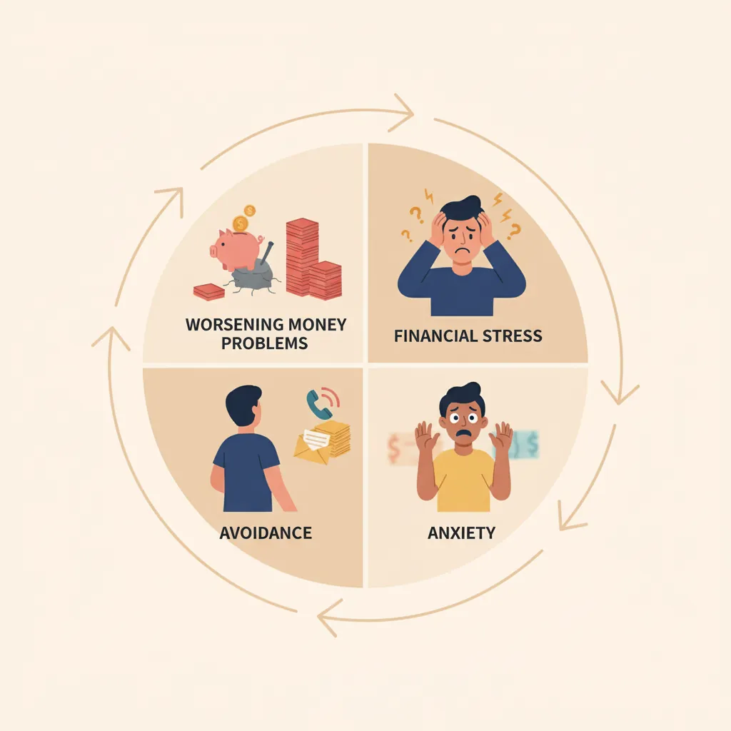 Circular infographic showing the cycle of financial stress, anxiety, avoidance, and worsening money problems