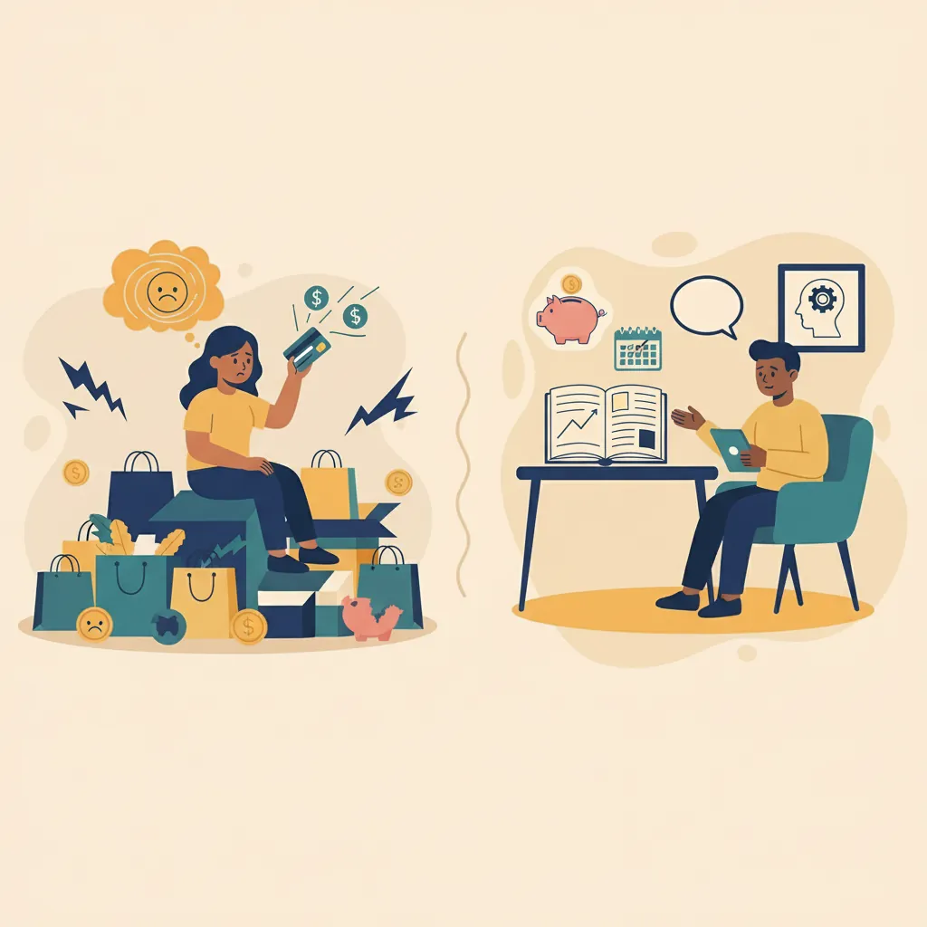 Split illustration showing emotional spending versus rational financial planning with supportive psychology concepts