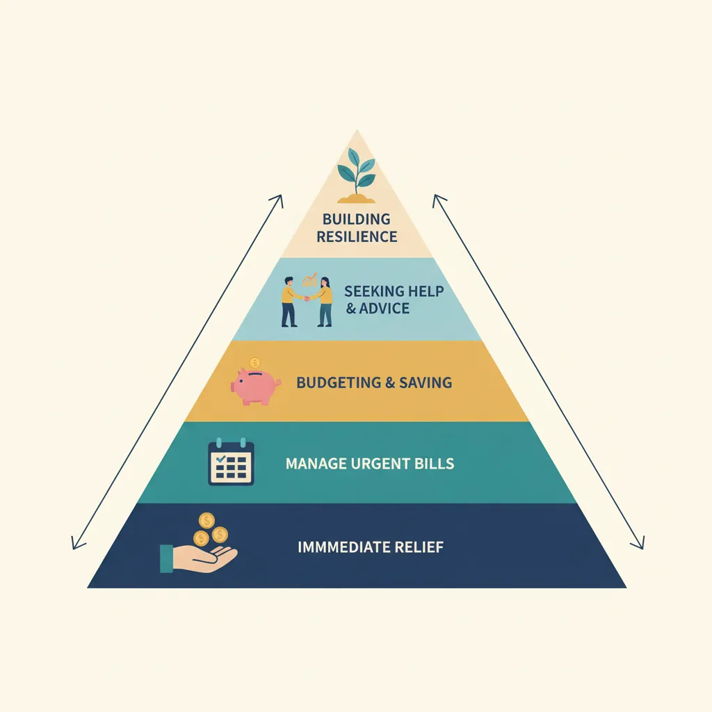 Pyramid diagram showing hierarchy of financial stress coping strategies from immediate relief to long-term resilience