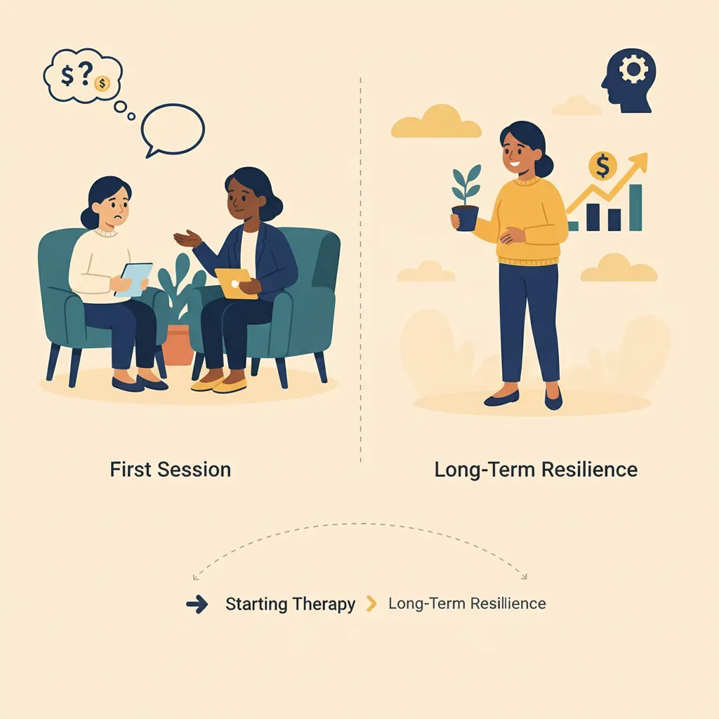 Timeline visualization showing the typical therapy journey for financial anxiety from first session to long-term resilience