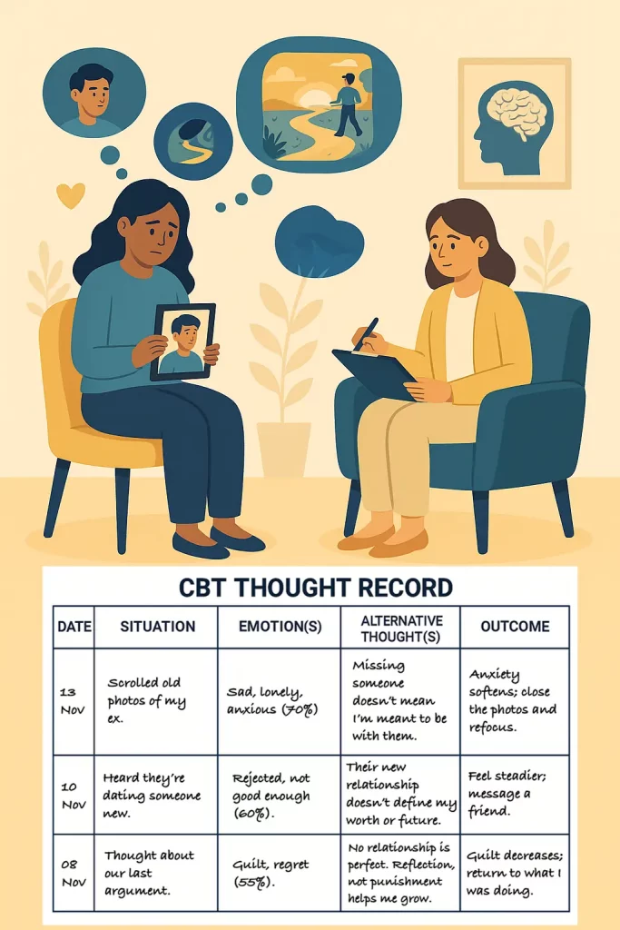 Missing Ex Breakup Science Image 05 Visual representation of CBT thought record technique for challenging rumination about ex-partner
